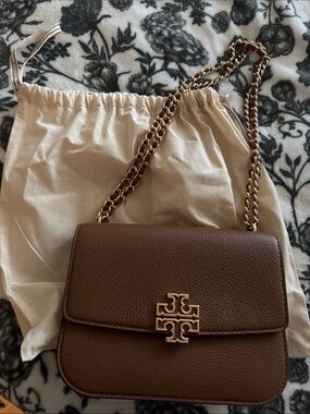 Tory Burch Brown Pebbled Leather Shoulder Bag with Gold Chain
